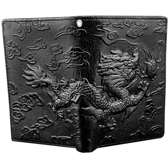 Balck Men Real Leather Vintage Dragon Wallet with Chain Card Holder Purse - Picture 4 of 6